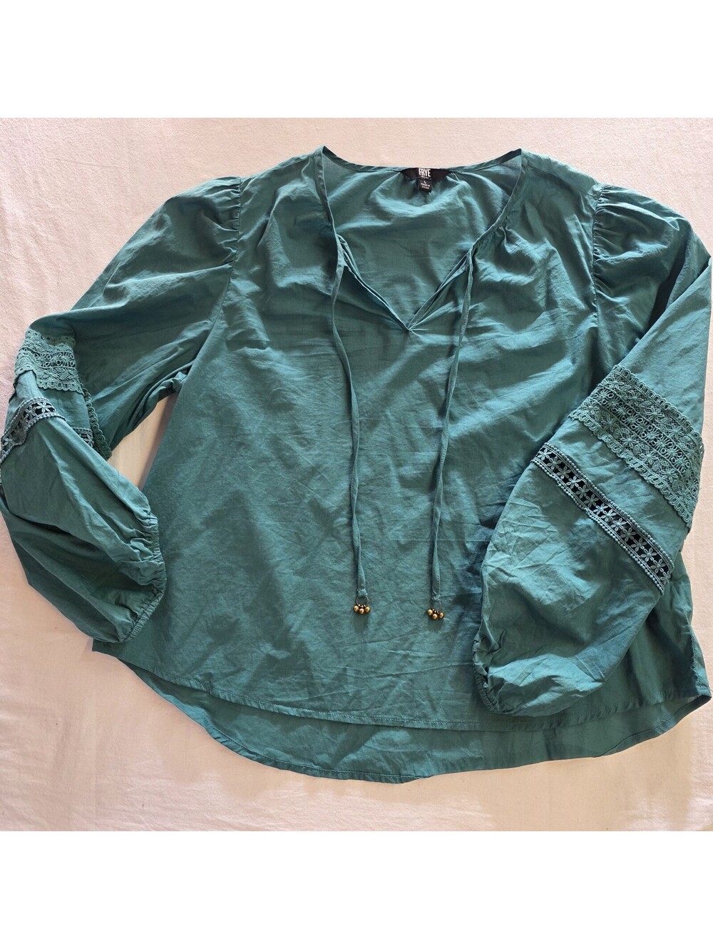 Frye Womens Emerald Green Blouse Flared Sleeve Boho Size L Tie Front Embroidery